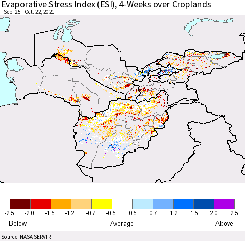 Central Asia Evaporative Stress Index (ESI), 4-Weeks over Croplands Thematic Map For 10/18/2021 - 10/24/2021