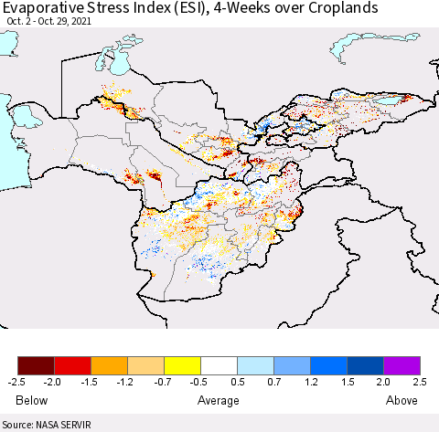 Central Asia Evaporative Stress Index (ESI), 4-Weeks over Croplands Thematic Map For 10/25/2021 - 10/31/2021