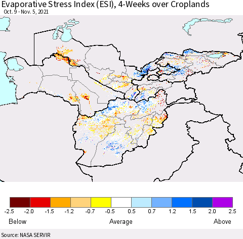 Central Asia Evaporative Stress Index (ESI), 4-Weeks over Croplands Thematic Map For 11/1/2021 - 11/7/2021