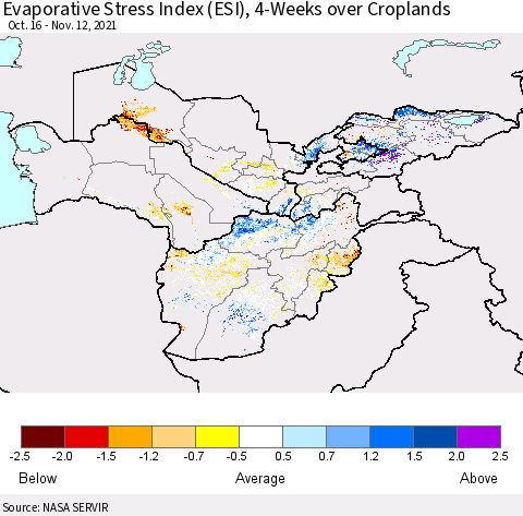 Central Asia Evaporative Stress Index (ESI), 4-Weeks over Croplands Thematic Map For 11/8/2021 - 11/14/2021