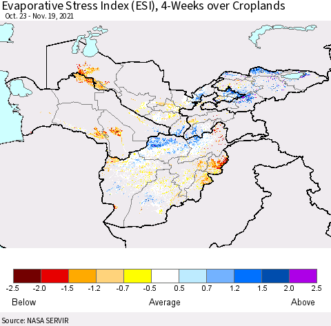 Central Asia Evaporative Stress Index (ESI), 4-Weeks over Croplands Thematic Map For 11/15/2021 - 11/21/2021