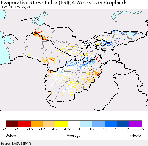 Central Asia Evaporative Stress Index (ESI), 4-Weeks over Croplands Thematic Map For 11/22/2021 - 11/28/2021