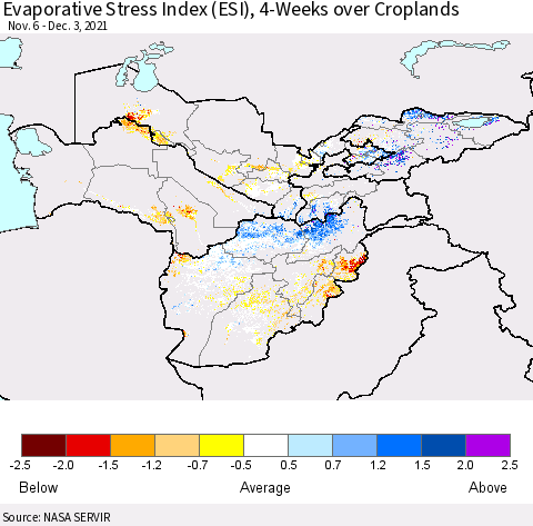 Central Asia Evaporative Stress Index (ESI), 4-Weeks over Croplands Thematic Map For 11/29/2021 - 12/5/2021