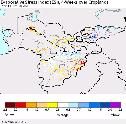 Central Asia Evaporative Stress Index (ESI), 4-Weeks over Croplands Thematic Map For 12/6/2021 - 12/12/2021