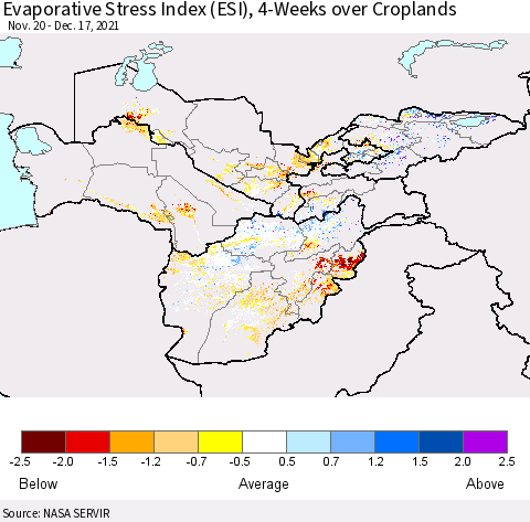 Central Asia Evaporative Stress Index (ESI), 4-Weeks over Croplands Thematic Map For 12/13/2021 - 12/19/2021
