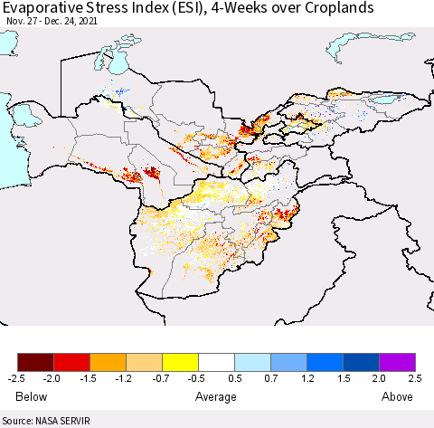Central Asia Evaporative Stress Index (ESI), 4-Weeks over Croplands Thematic Map For 12/20/2021 - 12/26/2021
