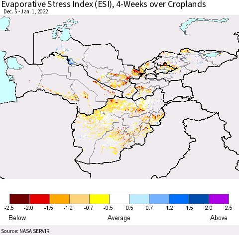 Central Asia Evaporative Stress Index (ESI), 4-Weeks over Croplands Thematic Map For 12/27/2021 - 1/2/2022