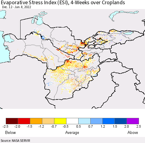 Central Asia Evaporative Stress Index (ESI), 4-Weeks over Croplands Thematic Map For 1/3/2022 - 1/9/2022