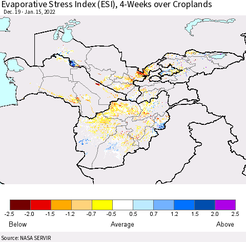 Central Asia Evaporative Stress Index (ESI), 4-Weeks over Croplands Thematic Map For 1/10/2022 - 1/16/2022