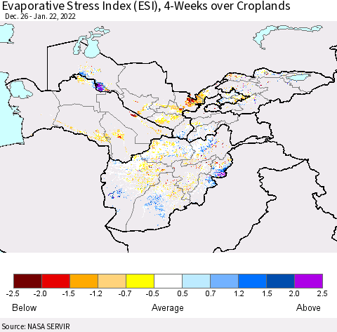 Central Asia Evaporative Stress Index (ESI), 4-Weeks over Croplands Thematic Map For 1/17/2022 - 1/23/2022