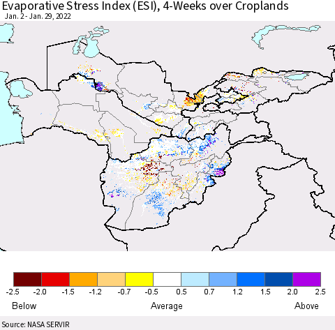 Central Asia Evaporative Stress Index (ESI), 4-Weeks over Croplands Thematic Map For 1/24/2022 - 1/30/2022