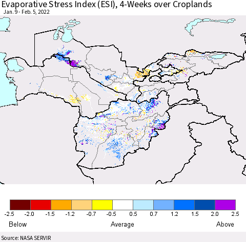 Central Asia Evaporative Stress Index (ESI), 4-Weeks over Croplands Thematic Map For 1/31/2022 - 2/6/2022