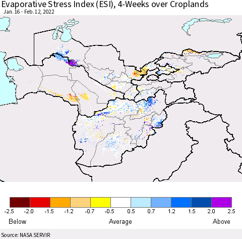 Central Asia Evaporative Stress Index (ESI), 4-Weeks over Croplands Thematic Map For 2/7/2022 - 2/13/2022