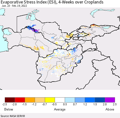Central Asia Evaporative Stress Index (ESI), 4-Weeks over Croplands Thematic Map For 2/14/2022 - 2/20/2022