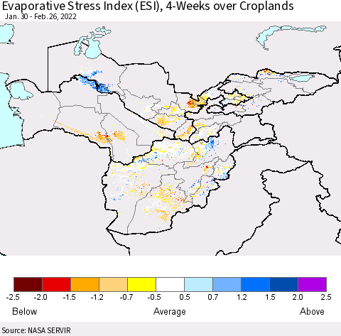 Central Asia Evaporative Stress Index (ESI), 4-Weeks over Croplands Thematic Map For 2/21/2022 - 2/27/2022