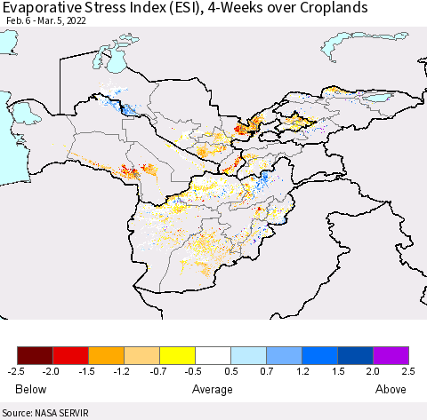 Central Asia Evaporative Stress Index (ESI), 4-Weeks over Croplands Thematic Map For 2/28/2022 - 3/6/2022