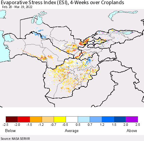 Central Asia Evaporative Stress Index (ESI), 4-Weeks over Croplands Thematic Map For 3/14/2022 - 3/20/2022