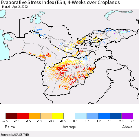 Central Asia Evaporative Stress Index (ESI), 4-Weeks over Croplands Thematic Map For 3/28/2022 - 4/3/2022