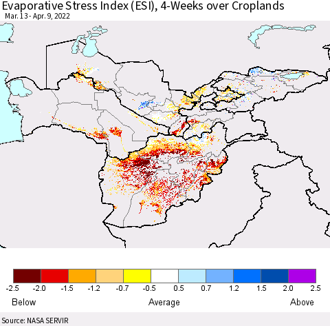 Central Asia Evaporative Stress Index (ESI), 4-Weeks over Croplands Thematic Map For 4/4/2022 - 4/10/2022