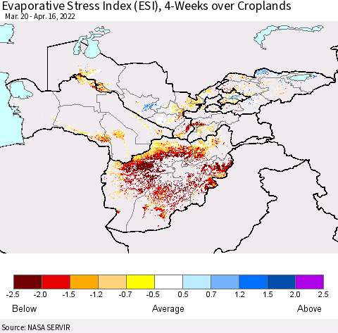 Central Asia Evaporative Stress Index (ESI), 4-Weeks over Croplands Thematic Map For 4/11/2022 - 4/17/2022