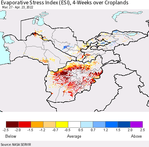 Central Asia Evaporative Stress Index (ESI), 4-Weeks over Croplands Thematic Map For 4/18/2022 - 4/24/2022