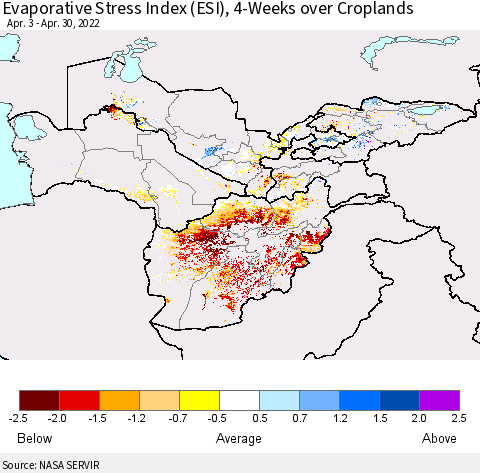 Central Asia Evaporative Stress Index (ESI), 4-Weeks over Croplands Thematic Map For 4/25/2022 - 5/1/2022