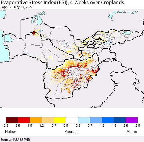 Central Asia Evaporative Stress Index (ESI), 4-Weeks over Croplands Thematic Map For 5/9/2022 - 5/15/2022