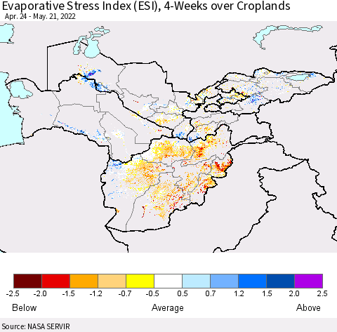 Central Asia Evaporative Stress Index (ESI), 4-Weeks over Croplands Thematic Map For 5/16/2022 - 5/22/2022