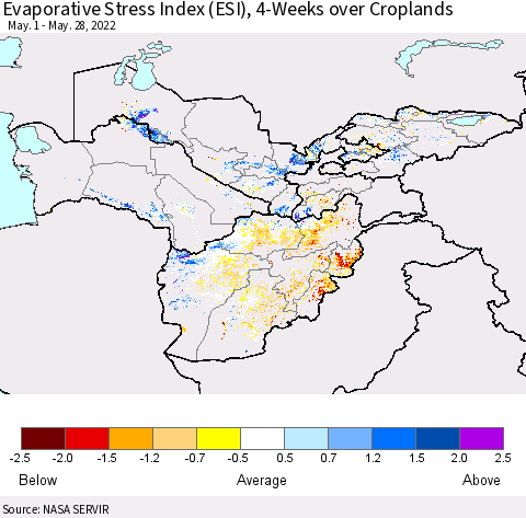 Central Asia Evaporative Stress Index (ESI), 4-Weeks over Croplands Thematic Map For 5/23/2022 - 5/29/2022