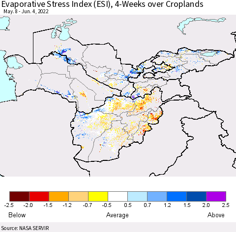 Central Asia Evaporative Stress Index (ESI), 4-Weeks over Croplands Thematic Map For 5/30/2022 - 6/5/2022