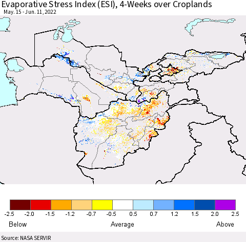 Central Asia Evaporative Stress Index (ESI), 4-Weeks over Croplands Thematic Map For 6/6/2022 - 6/12/2022