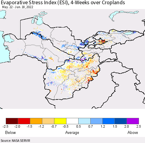 Central Asia Evaporative Stress Index (ESI), 4-Weeks over Croplands Thematic Map For 6/13/2022 - 6/19/2022
