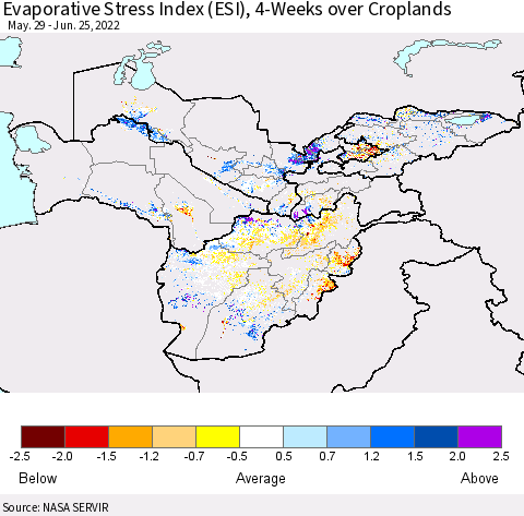 Central Asia Evaporative Stress Index (ESI), 4-Weeks over Croplands Thematic Map For 6/20/2022 - 6/26/2022