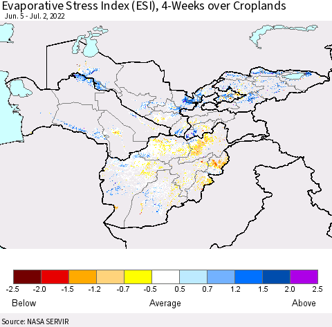 Central Asia Evaporative Stress Index (ESI), 4-Weeks over Croplands Thematic Map For 6/27/2022 - 7/3/2022