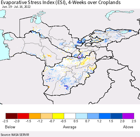Central Asia Evaporative Stress Index (ESI), 4-Weeks over Croplands Thematic Map For 7/11/2022 - 7/17/2022