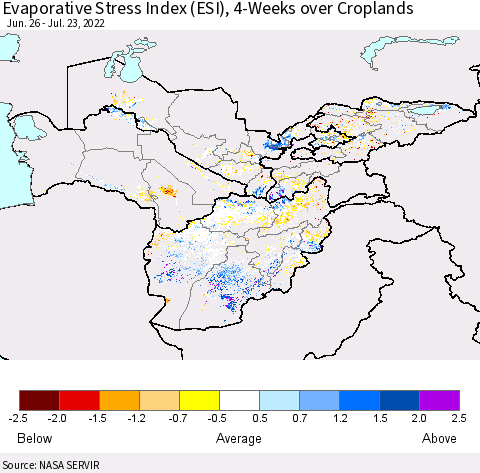 Central Asia Evaporative Stress Index (ESI), 4-Weeks over Croplands Thematic Map For 7/18/2022 - 7/24/2022