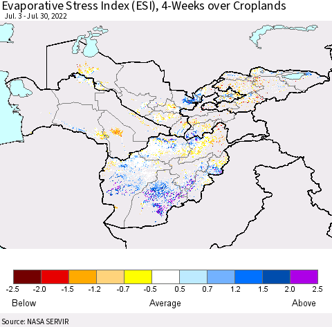 Central Asia Evaporative Stress Index (ESI), 4-Weeks over Croplands Thematic Map For 7/25/2022 - 7/31/2022