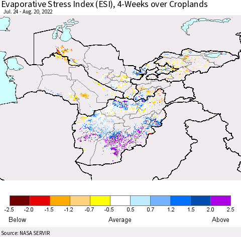 Central Asia Evaporative Stress Index (ESI), 4-Weeks over Croplands Thematic Map For 8/15/2022 - 8/21/2022
