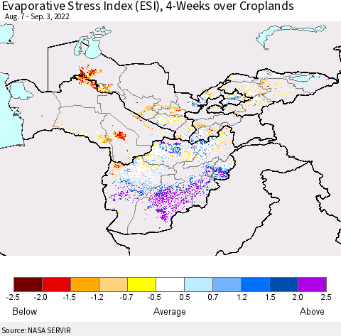 Central Asia Evaporative Stress Index (ESI), 4-Weeks over Croplands Thematic Map For 8/29/2022 - 9/4/2022