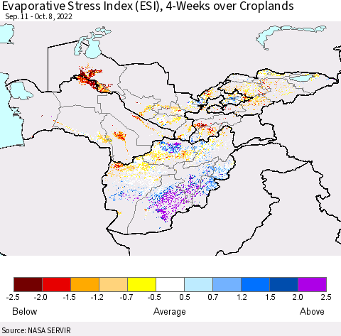 Central Asia Evaporative Stress Index (ESI), 4-Weeks over Croplands Thematic Map For 10/3/2022 - 10/9/2022