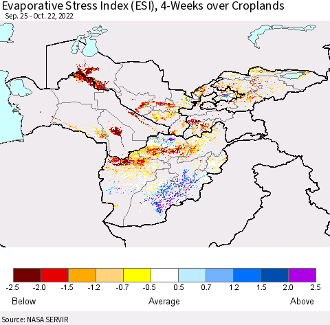 Central Asia Evaporative Stress Index (ESI), 4-Weeks over Croplands Thematic Map For 10/17/2022 - 10/23/2022