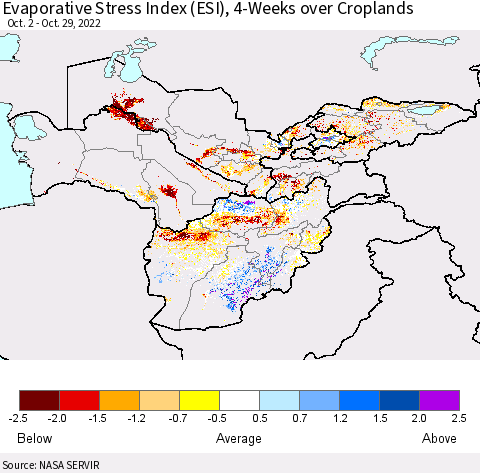 Central Asia Evaporative Stress Index (ESI), 4-Weeks over Croplands Thematic Map For 10/24/2022 - 10/30/2022