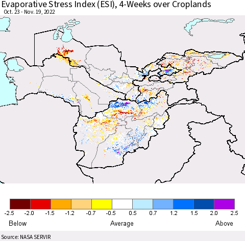 Central Asia Evaporative Stress Index (ESI), 4-Weeks over Croplands Thematic Map For 11/14/2022 - 11/20/2022