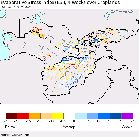 Central Asia Evaporative Stress Index (ESI), 4-Weeks over Croplands Thematic Map For 11/21/2022 - 11/27/2022