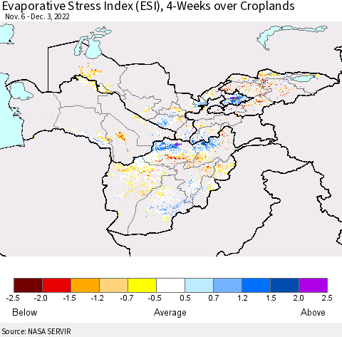 Central Asia Evaporative Stress Index (ESI), 4-Weeks over Croplands Thematic Map For 11/28/2022 - 12/4/2022