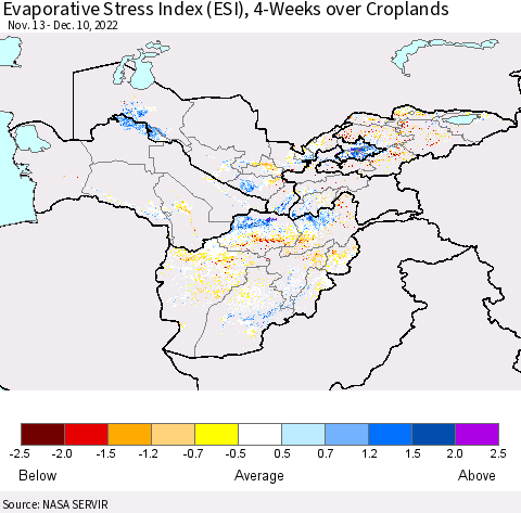 Central Asia Evaporative Stress Index (ESI), 4-Weeks over Croplands Thematic Map For 12/5/2022 - 12/11/2022