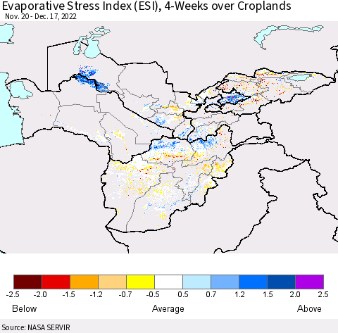 Central Asia Evaporative Stress Index (ESI), 4-Weeks over Croplands Thematic Map For 12/12/2022 - 12/18/2022