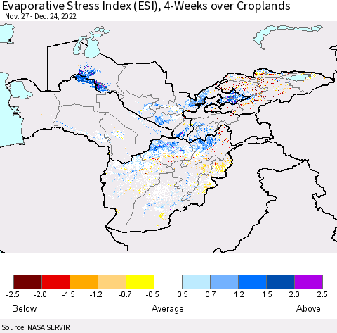 Central Asia Evaporative Stress Index (ESI), 4-Weeks over Croplands Thematic Map For 12/19/2022 - 12/25/2022