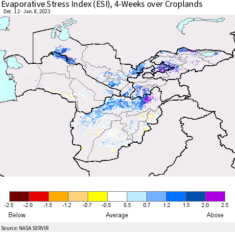 Central Asia Evaporative Stress Index (ESI), 4-Weeks over Croplands Thematic Map For 1/2/2023 - 1/8/2023