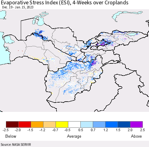 Central Asia Evaporative Stress Index (ESI), 4-Weeks over Croplands Thematic Map For 1/9/2023 - 1/15/2023